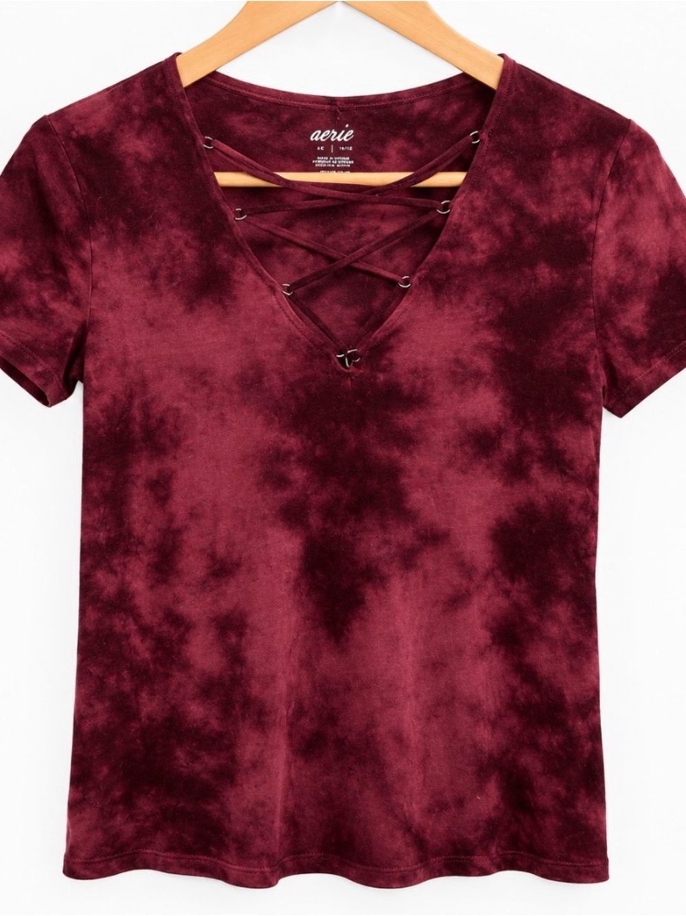 aerie Burgundy Tie-Dye Lace-Up V-Neck Short Sleeve Top